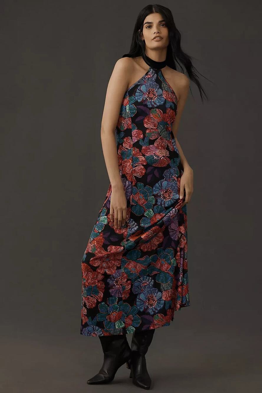 NWT Anthropologie Farm Rio Sleeveless Halter Bow Floral Midi Dress Sz L #NA440